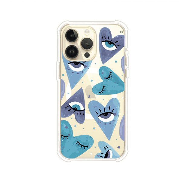 Funda para iPhone con corazones azules y ojos ilustrados, diseño artístico original y expresivo para un estilo auténtico. Producto de Remark Mx