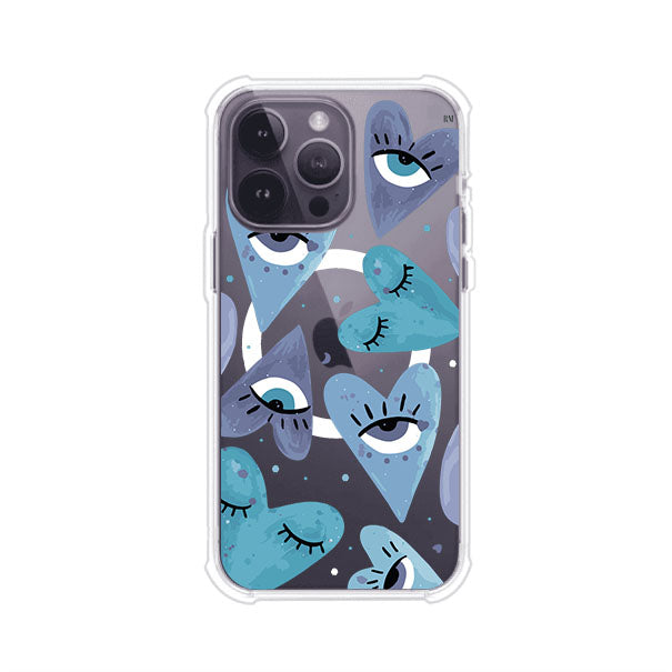 Funda para iPhone con corazones azules y ojos ilustrados, diseño artístico original y expresivo para un estilo auténtico. Producto de Remark Mx