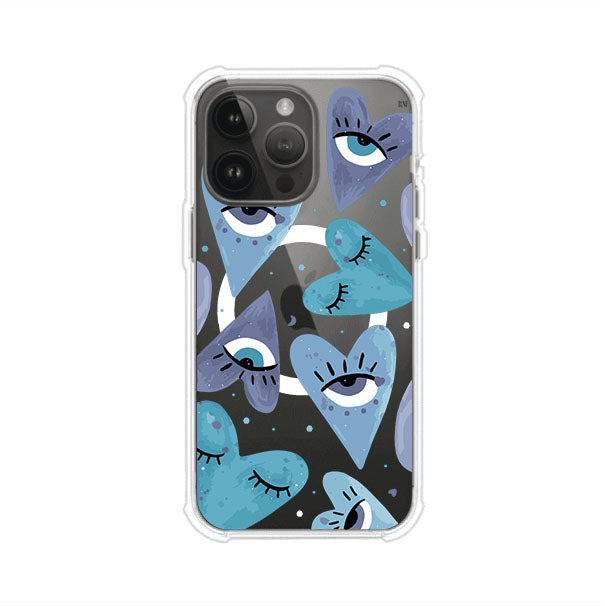 Funda para iPhone con corazones azules y ojos ilustrados, diseño artístico original y expresivo para un estilo auténtico. Producto de Remark Mx