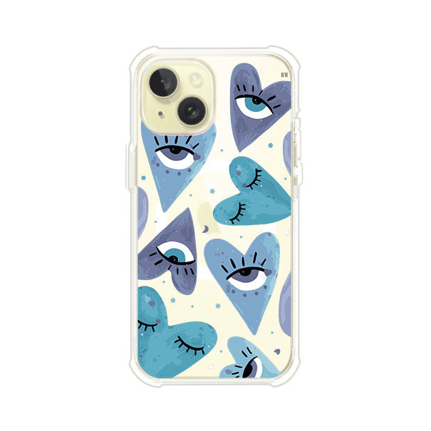 Funda para iPhone con corazones azules y ojos ilustrados, diseño artístico original y expresivo para un estilo auténtico. Producto de Remark Mx