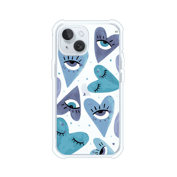 Funda para iPhone con corazones azules y ojos ilustrados, diseño artístico original y expresivo para un estilo auténtico. Producto de Remark Mx