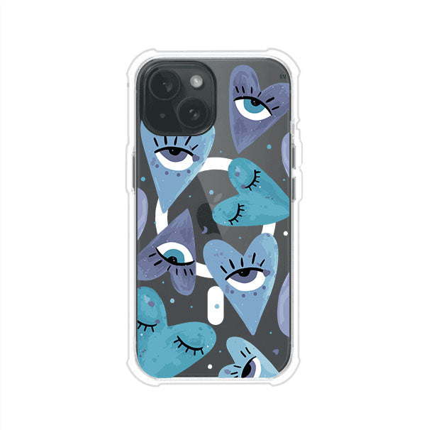 Funda para iPhone con corazones azules y ojos ilustrados, diseño artístico original y expresivo para un estilo auténtico. Producto de Remark Mx