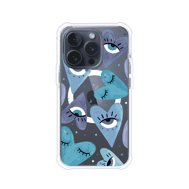 Funda para iPhone con corazones azules y ojos ilustrados, diseño artístico original y expresivo para un estilo auténtico. Producto de Remark Mx