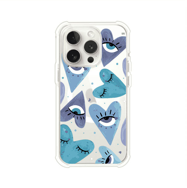 Funda para iPhone con corazones azules y ojos ilustrados, diseño artístico original y expresivo para un estilo auténtico. Producto de Remark Mx