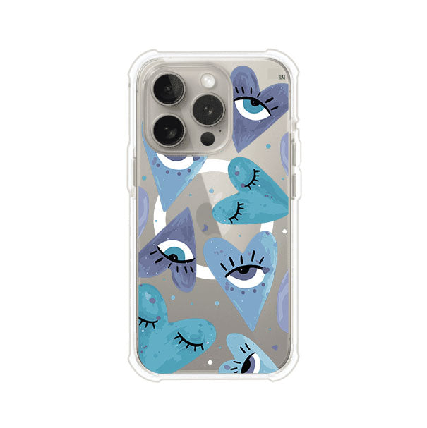 Funda para iPhone con corazones azules y ojos ilustrados, diseño artístico original y expresivo para un estilo auténtico. Producto de Remark Mx