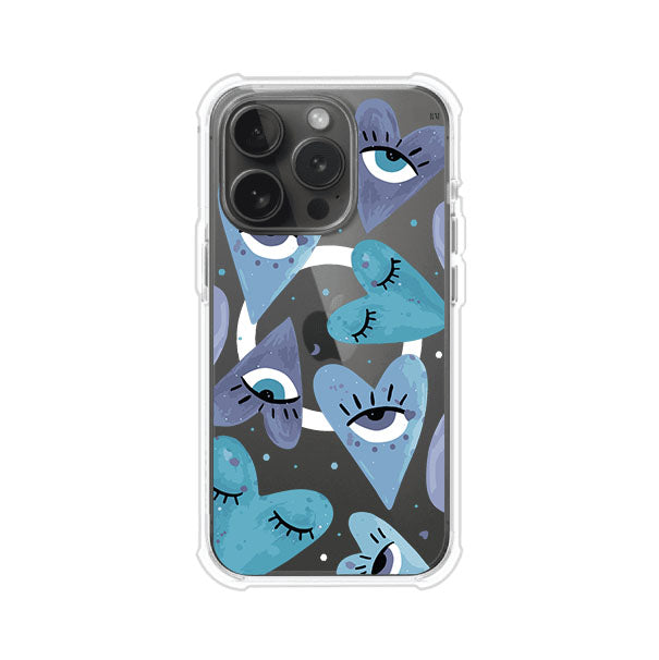 Funda para iPhone con corazones azules y ojos ilustrados, diseño artístico original y expresivo para un estilo auténtico. Producto de Remark Mx