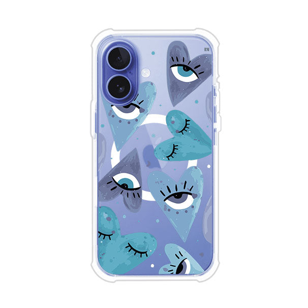 Funda para iPhone con corazones azules y ojos ilustrados, diseño artístico original y expresivo para un estilo auténtico. Producto de Remark Mx