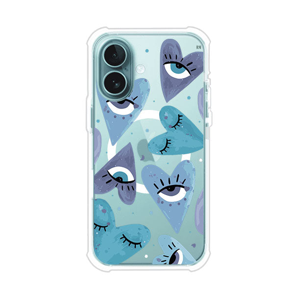 Funda para iPhone con corazones azules y ojos ilustrados, diseño artístico original y expresivo para un estilo auténtico. Producto de Remark Mx
