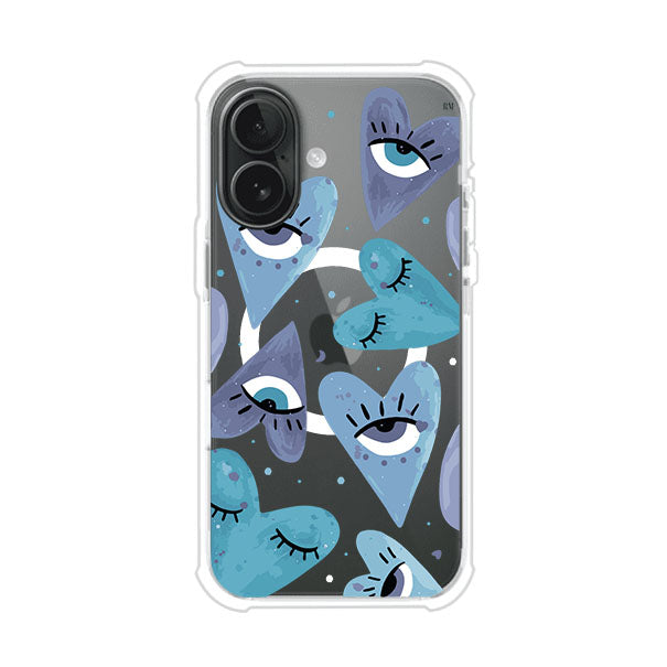Funda para iPhone con corazones azules y ojos ilustrados, diseño artístico original y expresivo para un estilo auténtico. Producto de Remark Mx