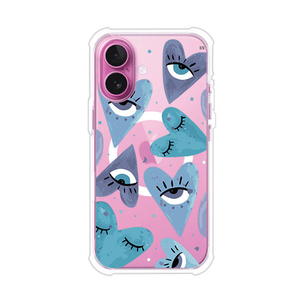 Funda para iPhone con corazones azules y ojos ilustrados, diseño artístico original y expresivo para un estilo auténtico. Producto de Remark Mx