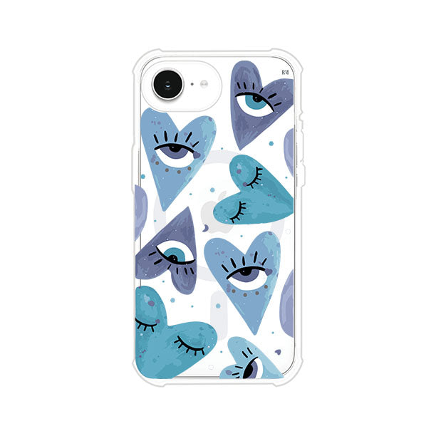 Funda para iPhone con corazones azules y ojos ilustrados, diseño artístico original y expresivo para un estilo auténtico. Producto de Remark Mx