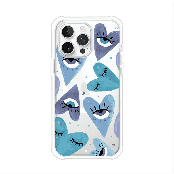 Funda para iPhone con corazones azules y ojos ilustrados, diseño artístico original y expresivo para un estilo auténtico. Producto de Remark Mx