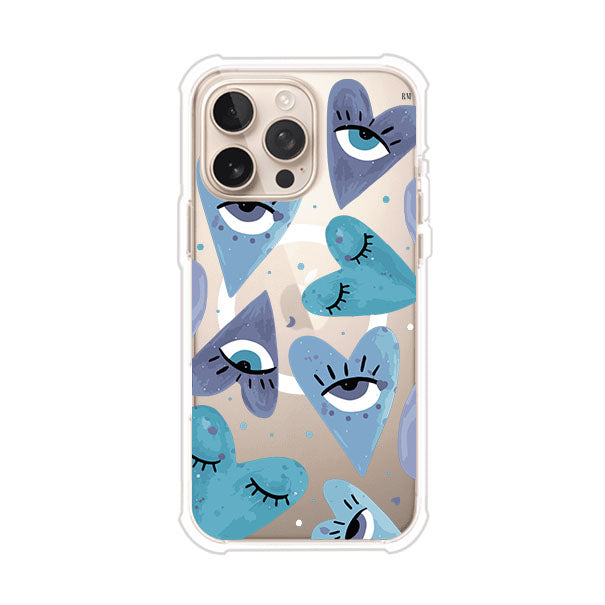 Funda para iPhone con corazones azules y ojos ilustrados, diseño artístico original y expresivo para un estilo auténtico. Producto de Remark Mx