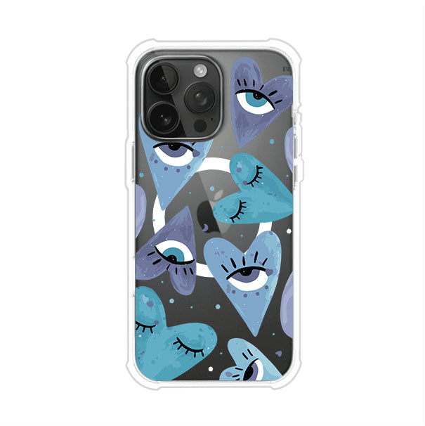 Funda para iPhone con corazones azules y ojos ilustrados, diseño artístico original y expresivo para un estilo auténtico. Producto de Remark Mx