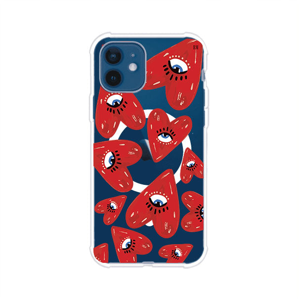 Funda para iPhone con diseño de corazones rojos ilustrados con ojos al centro. Estilo artístico, llamativo y original. Ideal para quienes buscan un accesorio único. Diseño de Remark MX