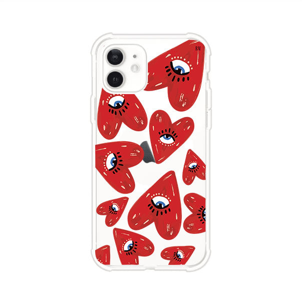 Funda para iPhone con diseño de corazones rojos ilustrados con ojos al centro. Estilo artístico, llamativo y original. Ideal para quienes buscan un accesorio único. Diseño de Remark MX