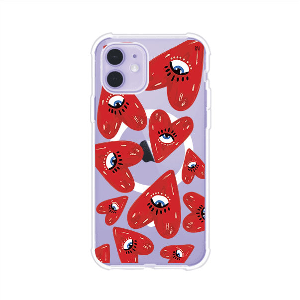 Funda para iPhone con diseño de corazones rojos ilustrados con ojos al centro. Estilo artístico, llamativo y original. Ideal para quienes buscan un accesorio único. Diseño de Remark MX