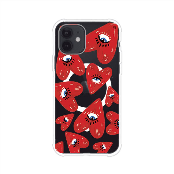 Funda para iPhone con diseño de corazones rojos ilustrados con ojos al centro. Estilo artístico, llamativo y original. Ideal para quienes buscan un accesorio único. Diseño de Remark MX