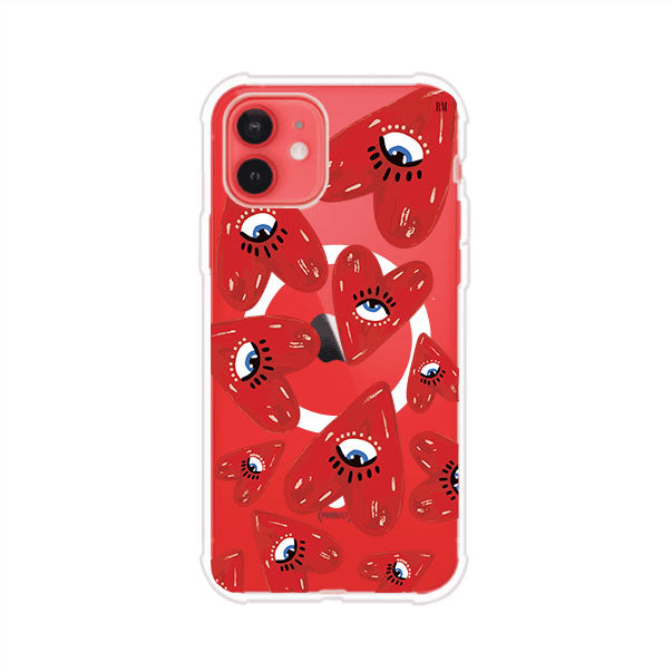 Funda para iPhone con diseño de corazones rojos ilustrados con ojos al centro. Estilo artístico, llamativo y original. Ideal para quienes buscan un accesorio único. Diseño de Remark MX