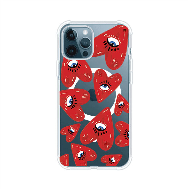 Funda para iPhone con diseño de corazones rojos ilustrados con ojos al centro. Estilo artístico, llamativo y original. Ideal para quienes buscan un accesorio único. Diseño de Remark MX