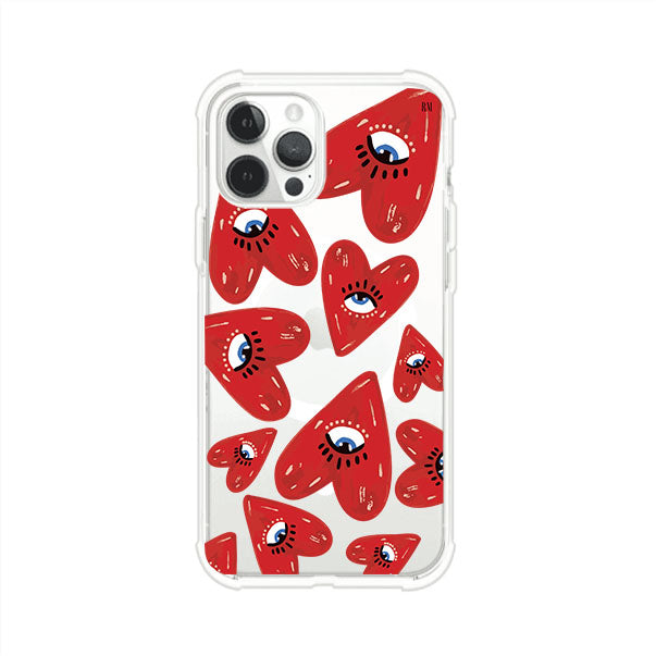 Funda para iPhone con diseño de corazones rojos ilustrados con ojos al centro. Estilo artístico, llamativo y original. Ideal para quienes buscan un accesorio único. Diseño de Remark MX
