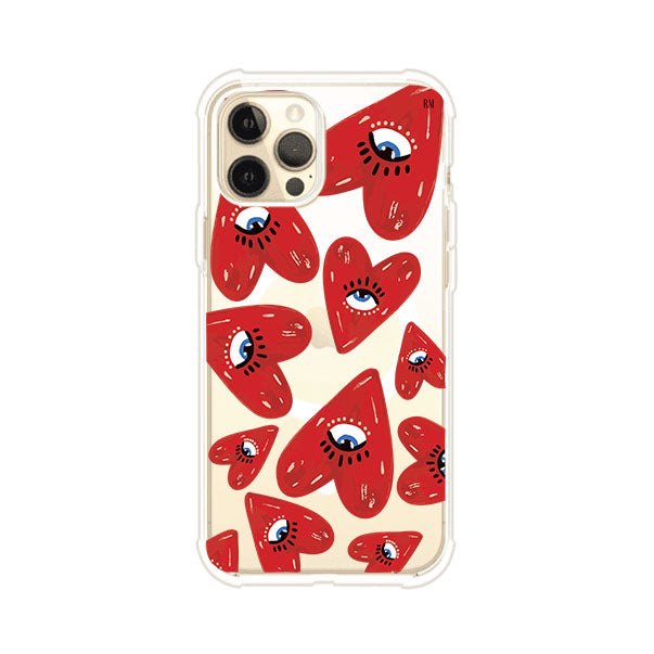 Funda para iPhone con diseño de corazones rojos ilustrados con ojos al centro. Estilo artístico, llamativo y original. Ideal para quienes buscan un accesorio único. Diseño de Remark MX