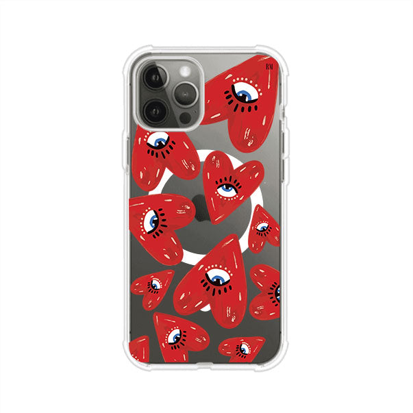 Funda para iPhone con diseño de corazones rojos ilustrados con ojos al centro. Estilo artístico, llamativo y original. Ideal para quienes buscan un accesorio único. Diseño de Remark MX