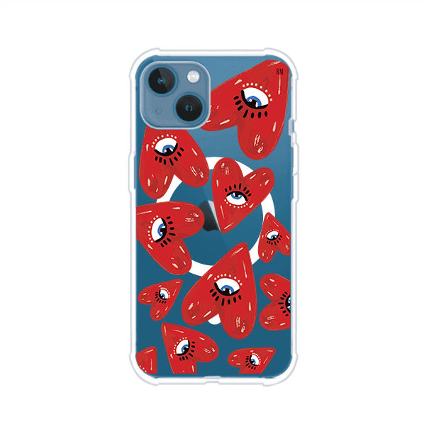Funda para iPhone con diseño de corazones rojos ilustrados con ojos al centro. Estilo artístico, llamativo y original. Ideal para quienes buscan un accesorio único. Diseño de Remark MX