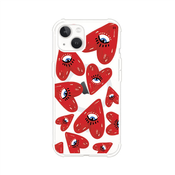 Funda para iPhone con diseño de corazones rojos ilustrados con ojos al centro. Estilo artístico, llamativo y original. Ideal para quienes buscan un accesorio único. Diseño de Remark MX