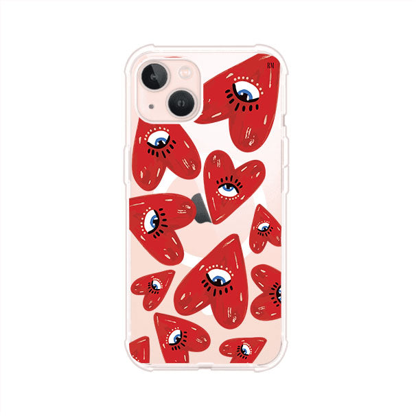 Funda para iPhone con diseño de corazones rojos ilustrados con ojos al centro. Estilo artístico, llamativo y original. Ideal para quienes buscan un accesorio único. Diseño de Remark MX