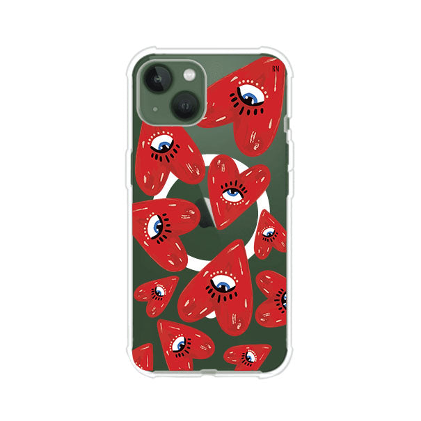Funda para iPhone con diseño de corazones rojos ilustrados con ojos al centro. Estilo artístico, llamativo y original. Ideal para quienes buscan un accesorio único. Diseño de Remark MX