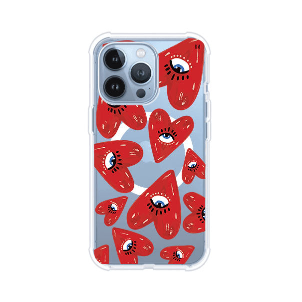 Funda para iPhone con diseño de corazones rojos ilustrados con ojos al centro. Estilo artístico, llamativo y original. Ideal para quienes buscan un accesorio único. Diseño de Remark MX