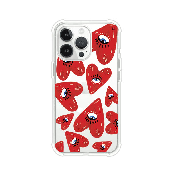 Funda para iPhone con diseño de corazones rojos ilustrados con ojos al centro. Estilo artístico, llamativo y original. Ideal para quienes buscan un accesorio único. Diseño de Remark MX