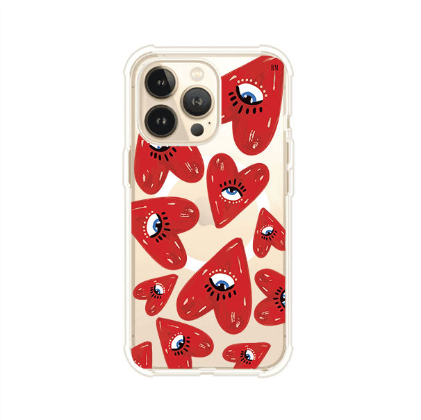 Funda para iPhone con diseño de corazones rojos ilustrados con ojos al centro. Estilo artístico, llamativo y original. Ideal para quienes buscan un accesorio único. Diseño de Remark MX