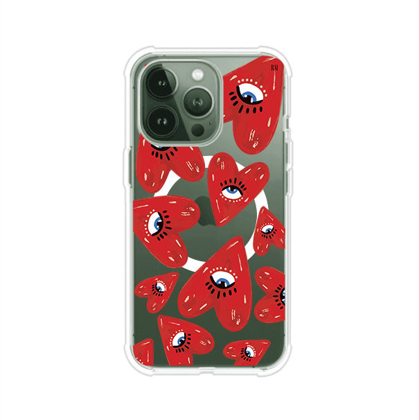 Funda para iPhone con diseño de corazones rojos ilustrados con ojos al centro. Estilo artístico, llamativo y original. Ideal para quienes buscan un accesorio único. Diseño de Remark MX