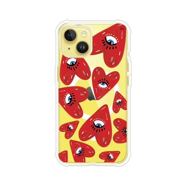Funda para iPhone con diseño de corazones rojos ilustrados con ojos al centro. Estilo artístico, llamativo y original. Ideal para quienes buscan un accesorio único. Diseño de Remark MX