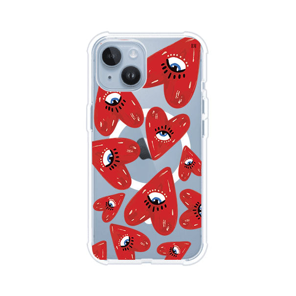 Funda para iPhone con diseño de corazones rojos ilustrados con ojos al centro. Estilo artístico, llamativo y original. Ideal para quienes buscan un accesorio único. Diseño de Remark MX