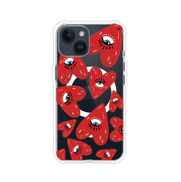 Funda para iPhone con diseño de corazones rojos ilustrados con ojos al centro. Estilo artístico, llamativo y original. Ideal para quienes buscan un accesorio único. Diseño de Remark MX