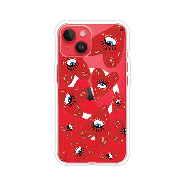 Funda para iPhone con diseño de corazones rojos ilustrados con ojos al centro. Estilo artístico, llamativo y original. Ideal para quienes buscan un accesorio único. Diseño de Remark MX