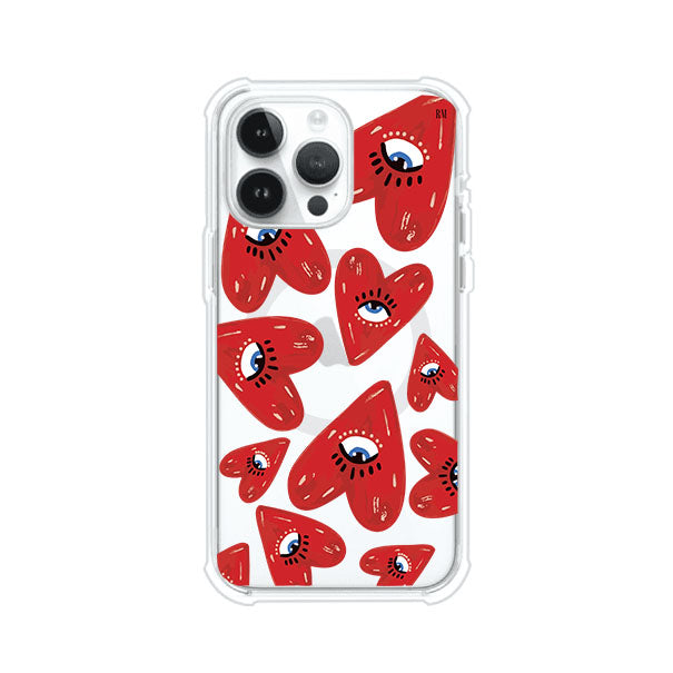 Funda para iPhone con diseño de corazones rojos ilustrados con ojos al centro. Estilo artístico, llamativo y original. Ideal para quienes buscan un accesorio único. Diseño de Remark MX