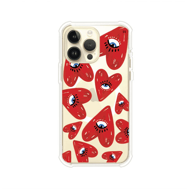 Funda para iPhone con diseño de corazones rojos ilustrados con ojos al centro. Estilo artístico, llamativo y original. Ideal para quienes buscan un accesorio único. Diseño de Remark MX