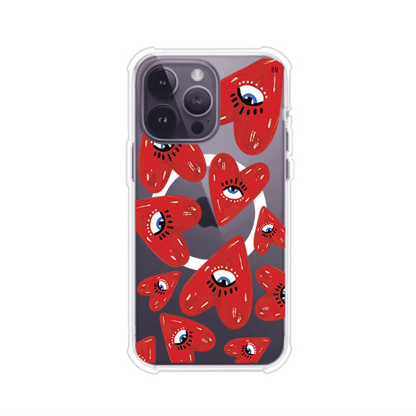 Funda para iPhone con diseño de corazones rojos ilustrados con ojos al centro. Estilo artístico, llamativo y original. Ideal para quienes buscan un accesorio único. Diseño de Remark MX