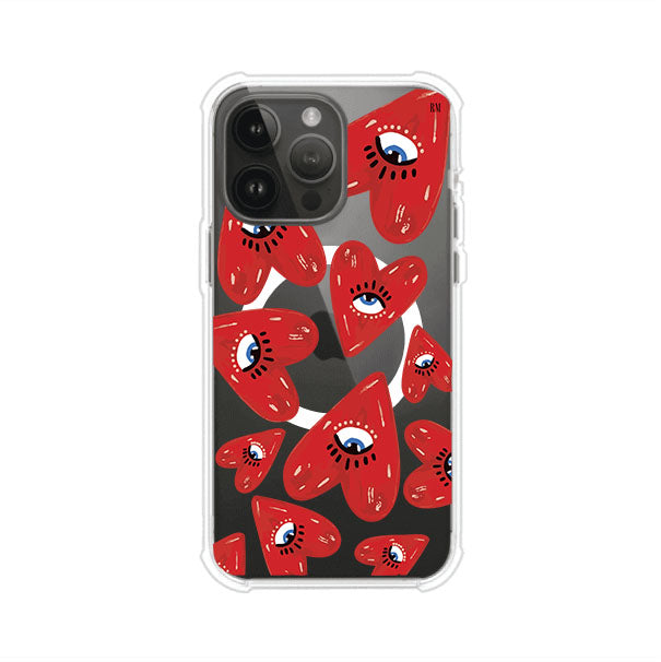 Funda para iPhone con diseño de corazones rojos ilustrados con ojos al centro. Estilo artístico, llamativo y original. Ideal para quienes buscan un accesorio único. Diseño de Remark MX