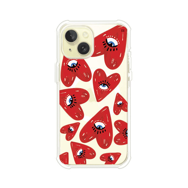 Funda para iPhone con diseño de corazones rojos ilustrados con ojos al centro. Estilo artístico, llamativo y original. Ideal para quienes buscan un accesorio único. Diseño de Remark MX