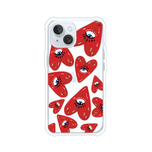 Funda para iPhone con diseño de corazones rojos ilustrados con ojos al centro. Estilo artístico, llamativo y original. Ideal para quienes buscan un accesorio único. Diseño de Remark MX