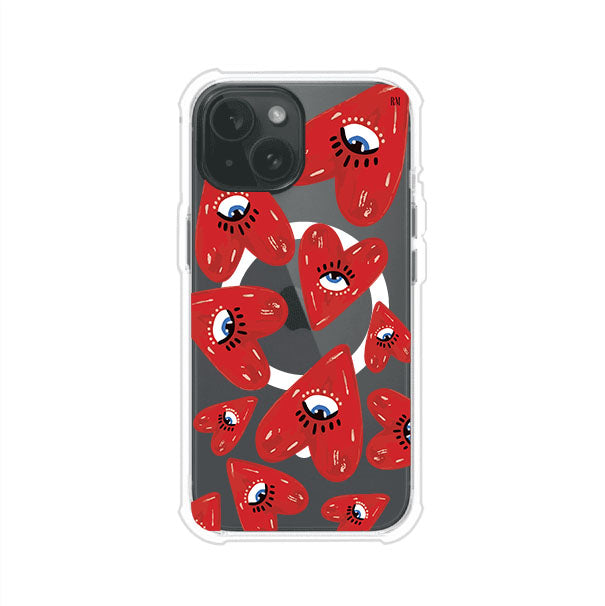 Funda para iPhone con diseño de corazones rojos ilustrados con ojos al centro. Estilo artístico, llamativo y original. Ideal para quienes buscan un accesorio único. Diseño de Remark MX