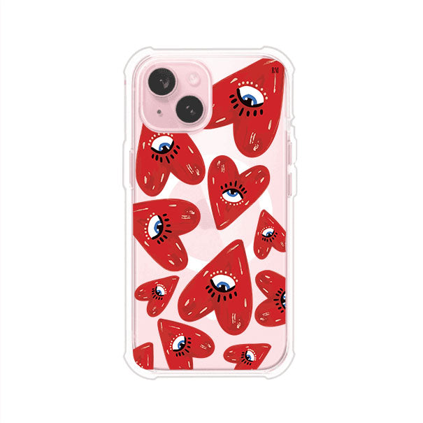 Funda para iPhone con diseño de corazones rojos ilustrados con ojos al centro. Estilo artístico, llamativo y original. Ideal para quienes buscan un accesorio único. Diseño de Remark MX