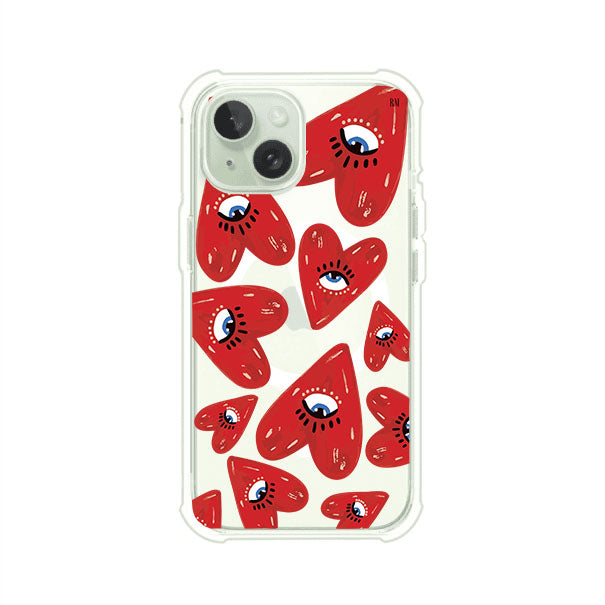 Funda para iPhone con diseño de corazones rojos ilustrados con ojos al centro. Estilo artístico, llamativo y original. Ideal para quienes buscan un accesorio único. Diseño de Remark MX