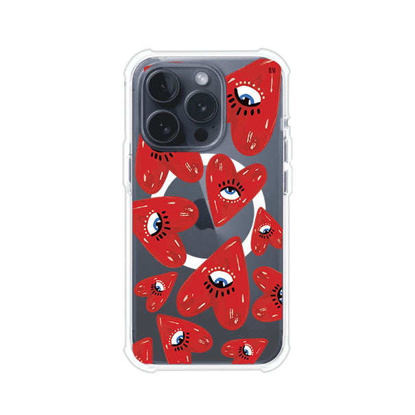 Funda para iPhone con diseño de corazones rojos ilustrados con ojos al centro. Estilo artístico, llamativo y original. Ideal para quienes buscan un accesorio único. Diseño de Remark MX
