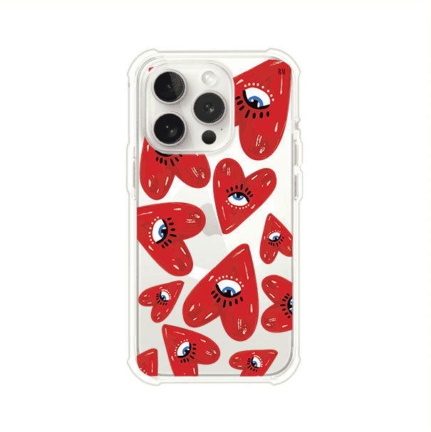 Funda para iPhone con diseño de corazones rojos ilustrados con ojos al centro. Estilo artístico, llamativo y original. Ideal para quienes buscan un accesorio único. Diseño de Remark MX